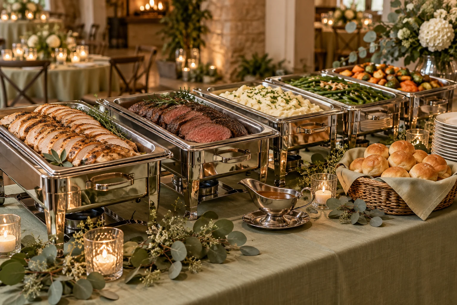 Buffet of sliced roast meats, mashed potatoes, green beans and dinner rolls in silver serving dishes