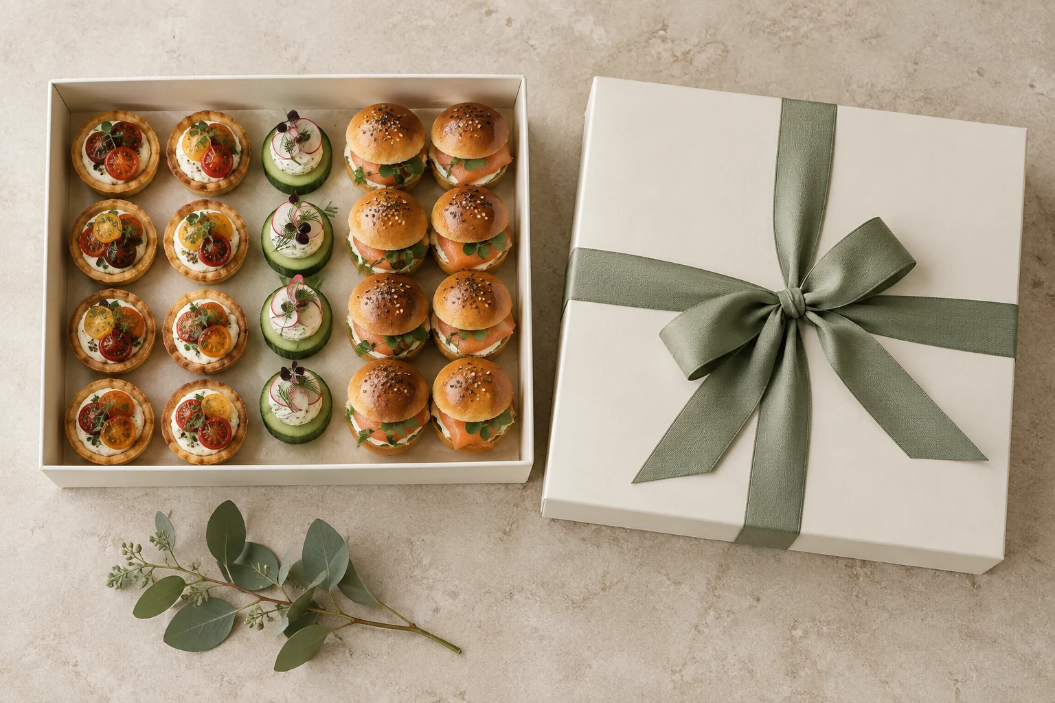 Overhead arrangement of cream canapé boxes with tartlets, cucumber bites, mini brioche and sage ribbon
