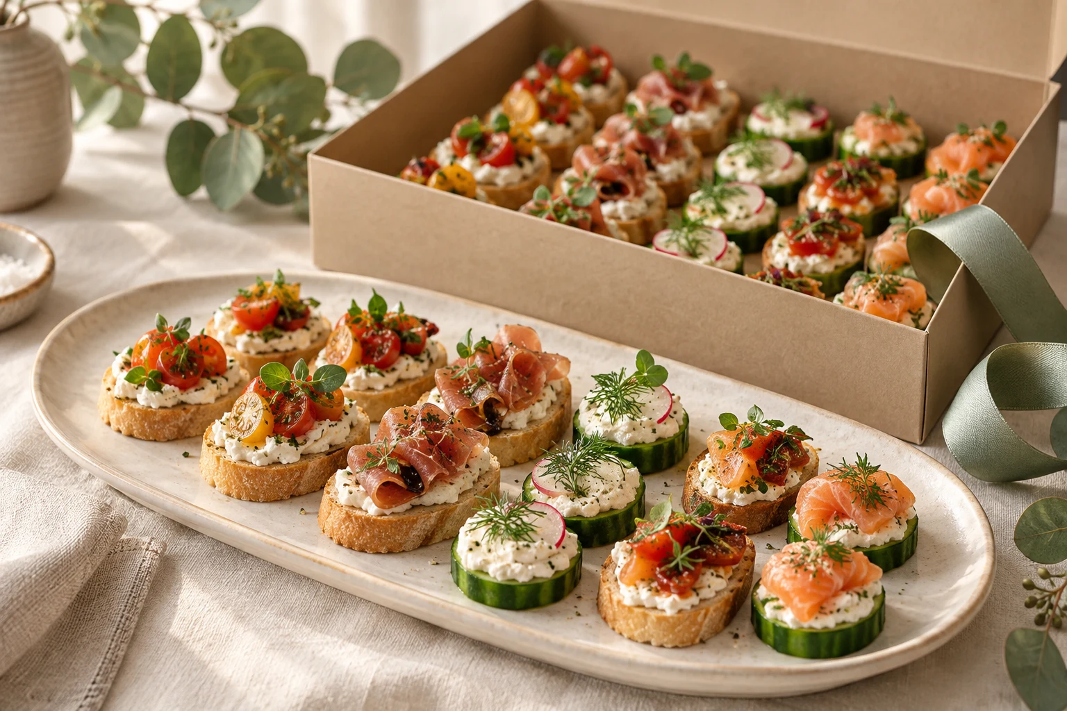 Petite canapés beautifully arranged on a cream platter