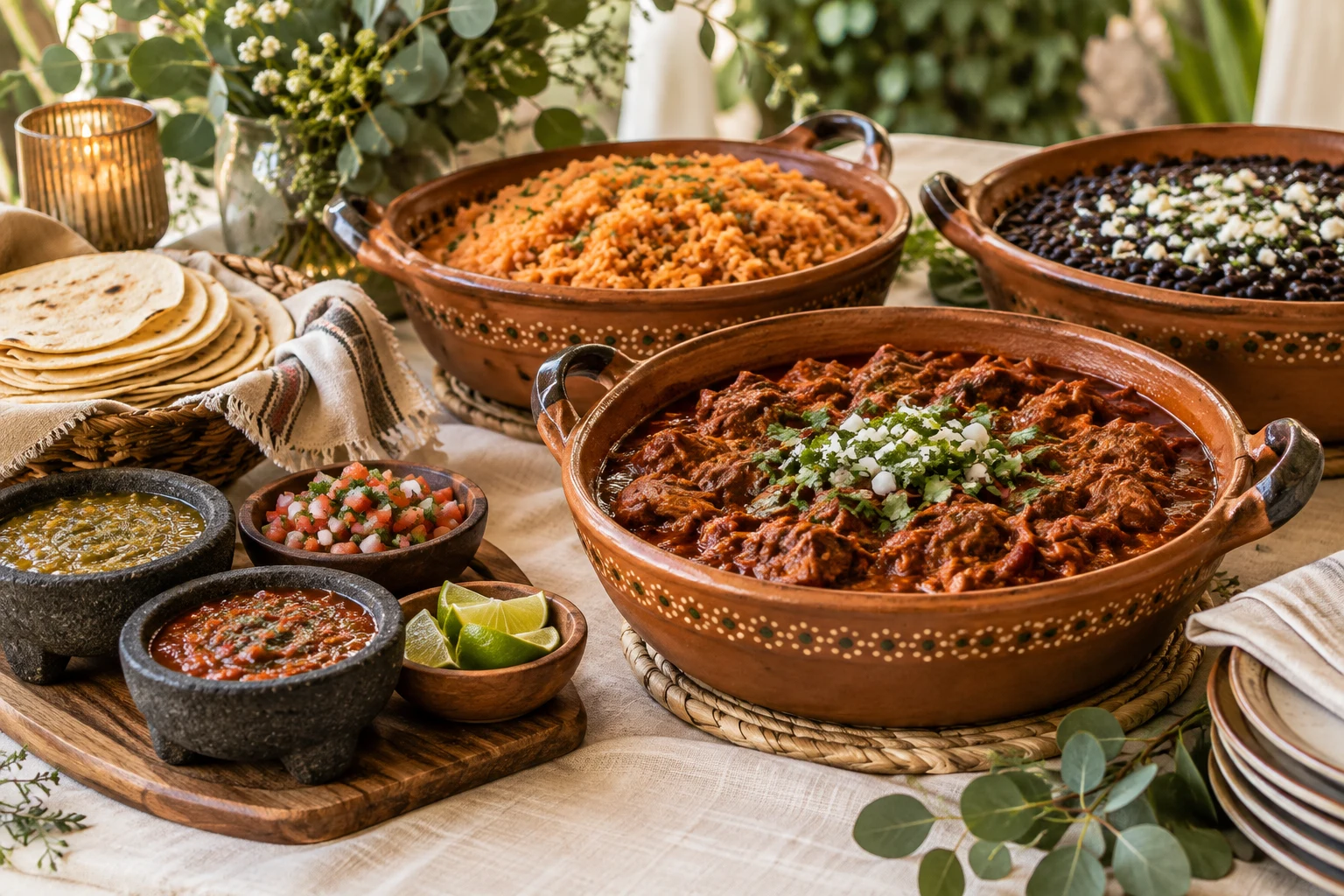 Mexican catering inspiration with traditional terracotta cazuelas, rice, beans and salsas