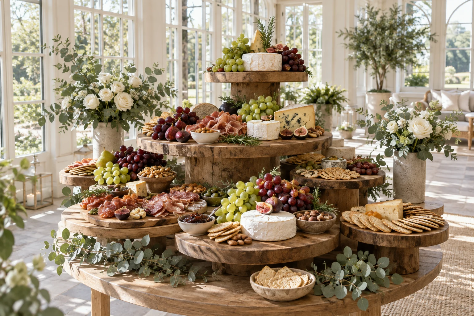 Tiered wooden grazing boards with cheeses, grapes, charcuterie and separate floral arrangements in an airy conservatory