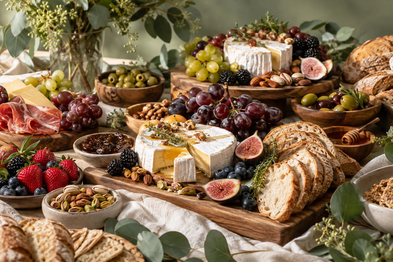 Grazing table inspiration with artisan cheeses, grapes, figs, bread and eucalyptus decor